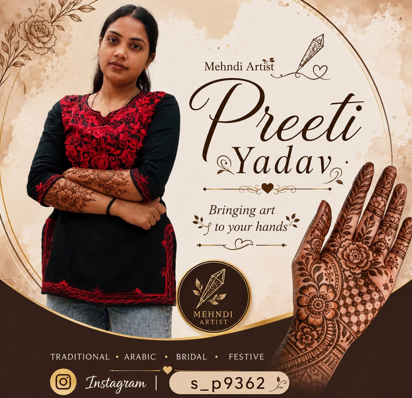 Preeti Yadav Mehandi Artist in Uttar Pradesh – Best Bridal & Traditional Mehndi Designs Preeti Yadav Mehandi Artist in Uttar Pradesh applying beautiful bridal mehndi design with intricate patterns and traditional motifs.